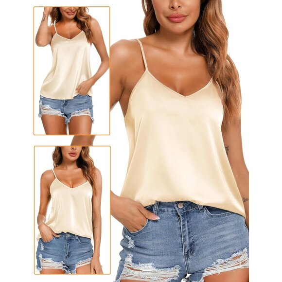 Vidussa Womens Black Brown V Neck Silk Satin Cami Sleeveless Casual Blouses Pack - Picture 3 of 6